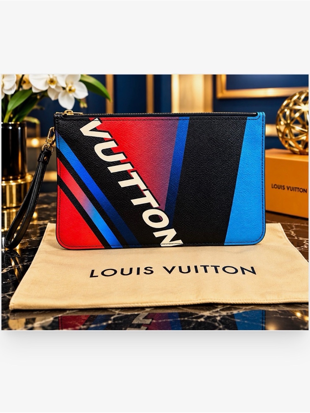 Authentic Louis Vuitton Multicolor Graphic Zip Clutch - Black/Red/Blue